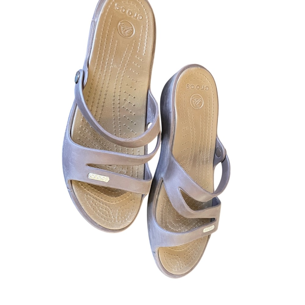 Crocs Womens Brown Comfort Strappy Wedge Heel Platform Slide Sandals Size 8